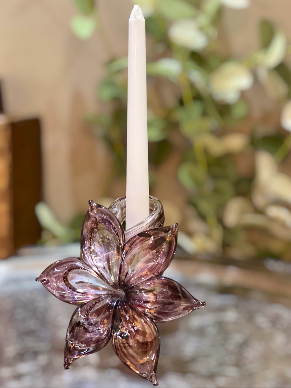 Vintage Murano Italian Art Glass Spiral Purple Flower Candle Holder Hand Blown